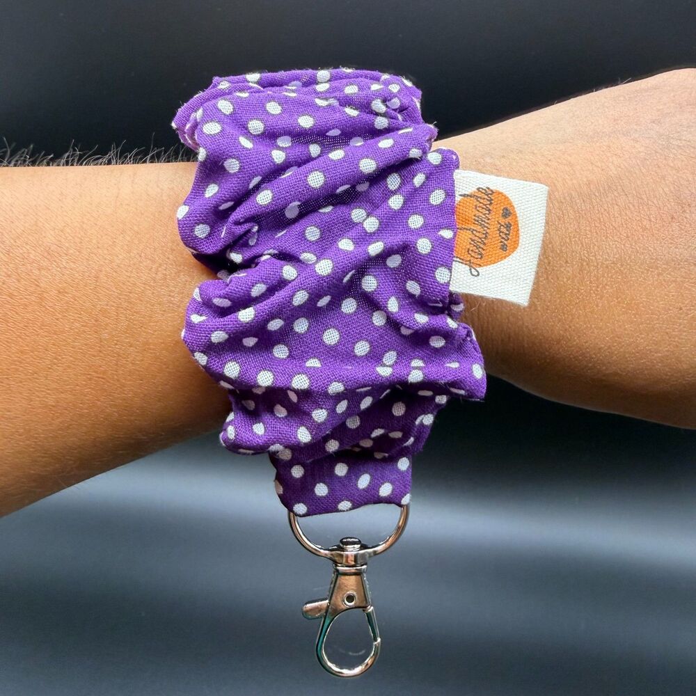 Handmade One Size Scrunchie Key Fob Wristlet Womens Purple Polka Dot Cotton Key